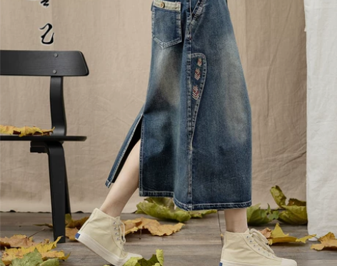 善己春季装新宽松休闲时尚绣花牛仔半身裙女百...