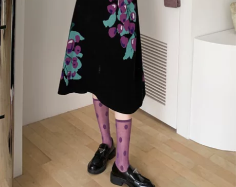 日系复古少女葡萄图案提花松紧腰A字中长款高...