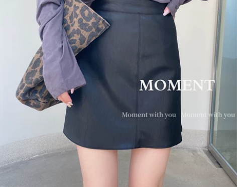 moment防走光PU皮裙女短裙子a字裙复...