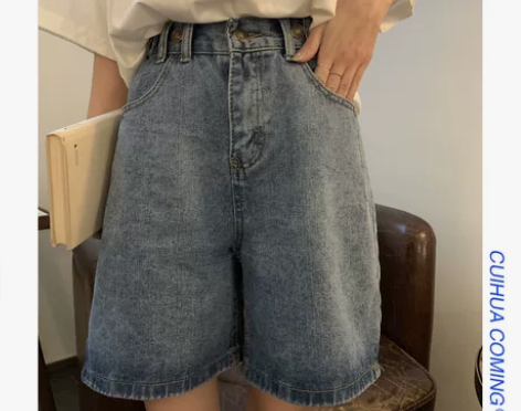夏季学生韩版bf风高腰中裤女宽松直筒阔腿老...