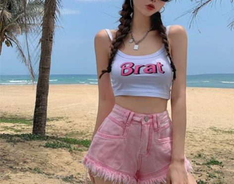 粉色牛仔短裤女夏季新款流苏时尚高腰显瘦甜辣...