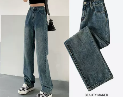 复古做旧洗水牛仔裤女高腰阔腿直筒宽松202...