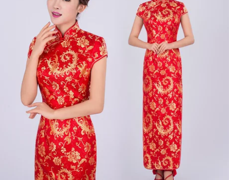 旗袍长款礼仪红色酒店迎宾颁奖小姐服复古新娘...