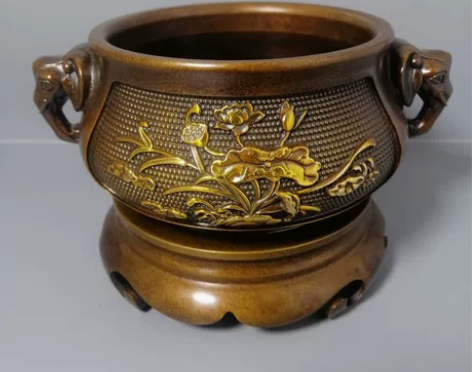 古玩铜器鎏金大象炉花开富贵带底座盘香炉老货...