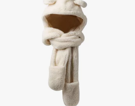 小熊帽子女秋冬季可爱雷锋帽冬天毛绒围巾手套...