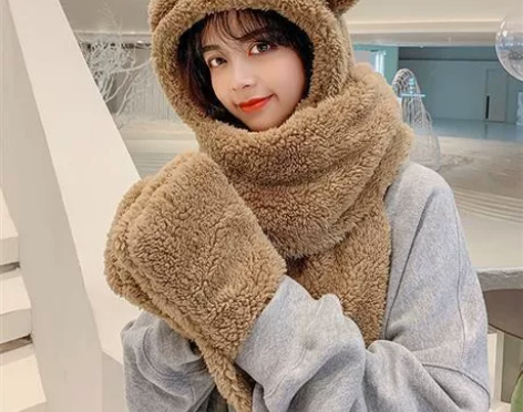 小熊帽子女秋冬季可爱雷锋帽冬天毛绒围巾手套...