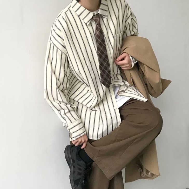 日系复古长袖翻领长袖条纹衬衫男女情侣装春秋...