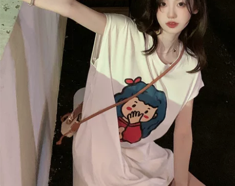卡通印花白色背心连衣裙夏季女中长款宽松慵懒...