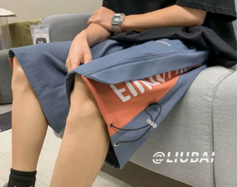 夏季休闲裤男港风宽松潮牌拼接撞色运动短裤韩...