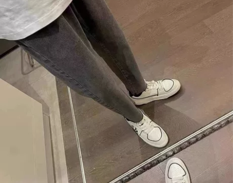 夏季网红同款宽松直筒灰色毛边牛仔裤男潮牌修...