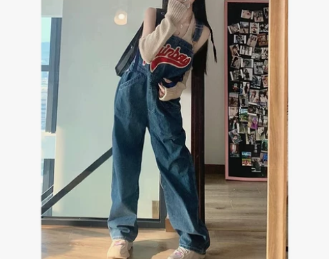 潮牌刺绣背带牛仔裤女夏小众显瘦高腰美式复古...