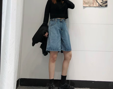 牛仔短裤女五分裤夏季宽松韩版高腰显瘦松紧腰...