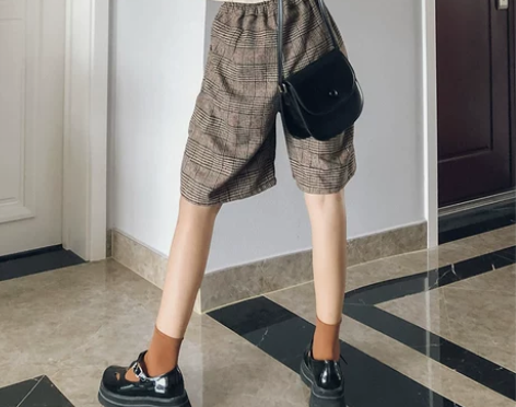 MOKA秋季复古高腰格子宽松显瘦毛呢松紧腰...