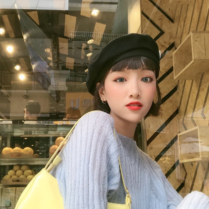 网红款黑色贝雷帽女潮ins百搭薄款画家帽子...