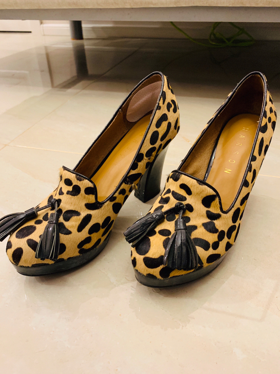 纯皮马皮面豹纹高跟鞋瓢鞋防水台粗跟