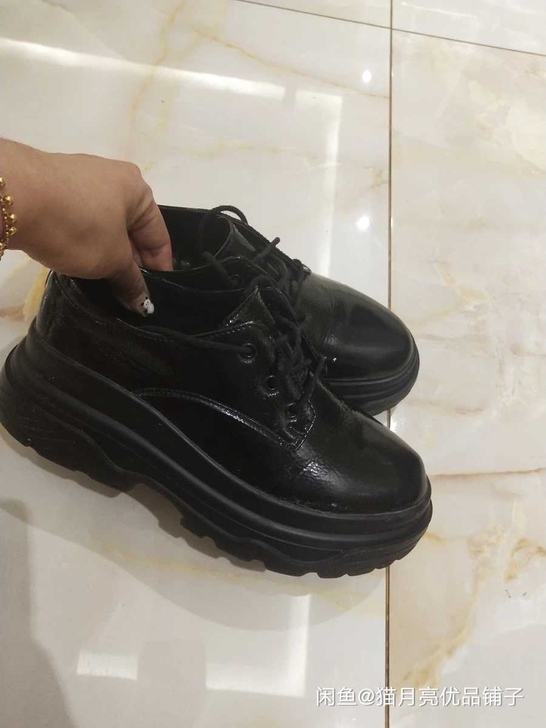 2021秋新款女漆皮厚底绑带松糕鞋小皮鞋