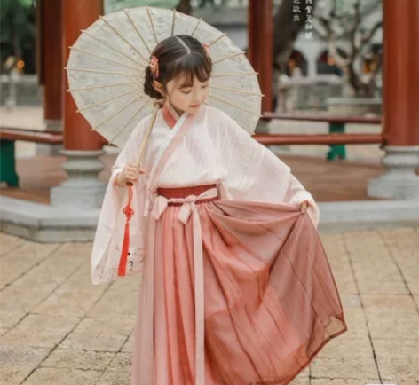 转全新初立小桃夭正品女童汉服晋制大袖套装金...