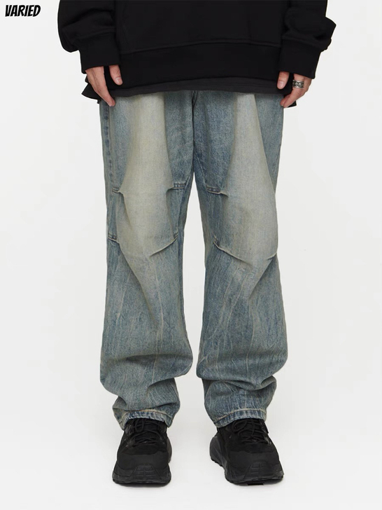 VARIED复古做旧水洗打褶宽松牛仔裤男哈...