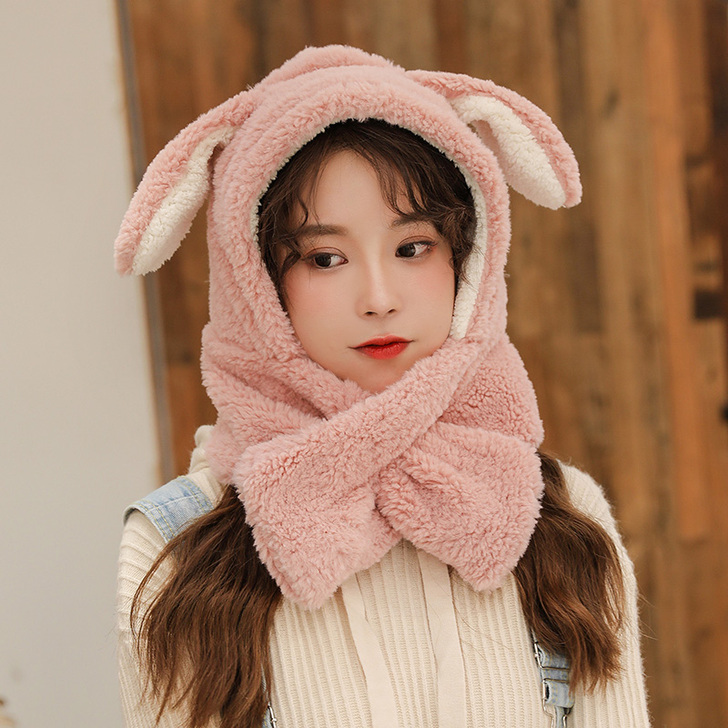 会动的兔子耳朵帽子女秋冬季甜美可爱萌系连帽...