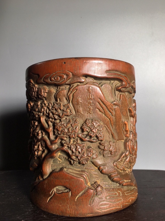 （闲置转让）旧藏老竹雕笔筒文房四宝摆件文玩...