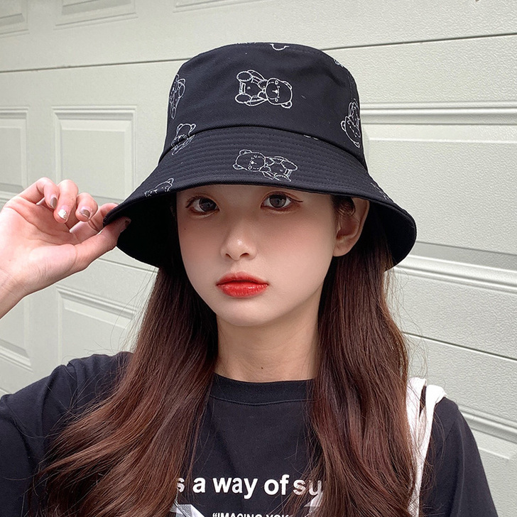 小熊满印盆帽女卡通可爱潮牌韩国东大门百搭小...
