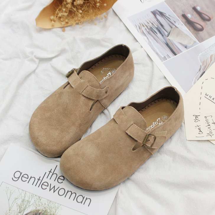日系真皮单鞋女森女系复古皮带扣平底大头娃娃...