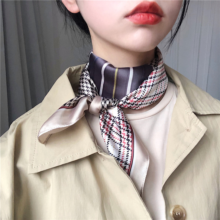 【狂欢价】复古千鸟格小方巾女薄丝巾春秋冬季...