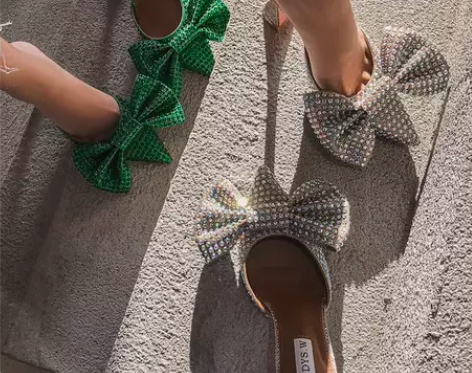 欧美INS同款大蝴蝶结浅口单鞋钻石水钻酒杯...