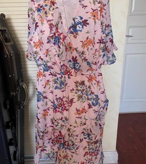 优雅气质印花V领荷叶边A字雪纺连衣裙，有内...