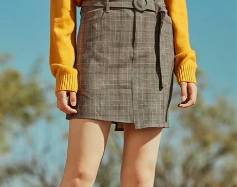 A21秋季女装 格子高腰百搭半身裙不规则裙...