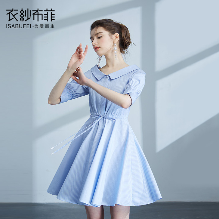 湖雅^小清新收腰显瘦文艺气质复古日系女装蓝...