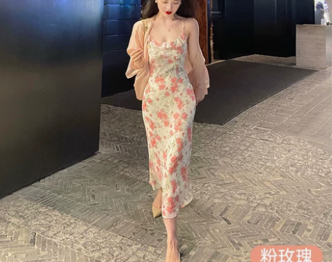 林关关一套 纯欲风高级感吊带裙碎花连衣裙雪...