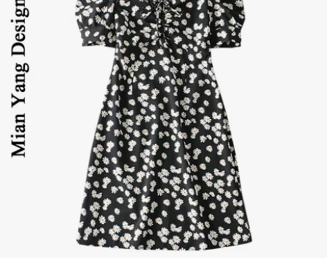 法式小碎花系带连衣裙甜美田园风方领褶皱袖短...