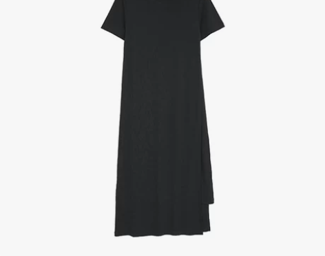 叙旧夏季新款长款圆领连衣裙短袖开叉纯色裙子...