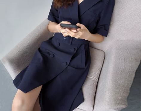 双排扣西装连衣裙女夏气质女神范收腰时尚腰带...
