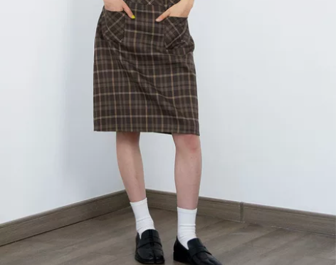 Pixel Yolo 棕色格纹直筒半身裙女...