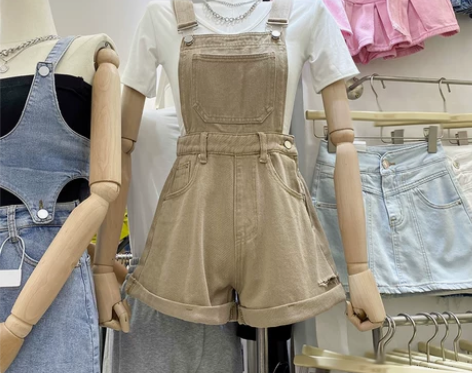 2022夏季复古港风高腰大口袋宽松破洞中长...