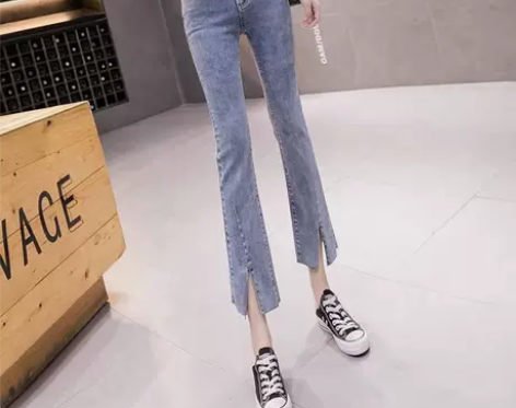 春夏微喇叭牛仔裤女开叉小个子显高高腰修身宽...