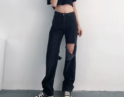 2021年夏季新款灰黑色高腰显瘦显高破洞宽...