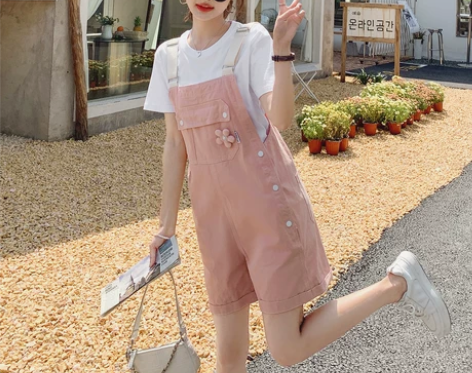 粉色牛仔背带裤女夏季2022新款小个子少女...