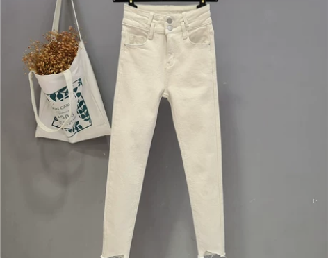 【狂欢价】网红弹力紧身牛仔裤米白色小脚铅笔...