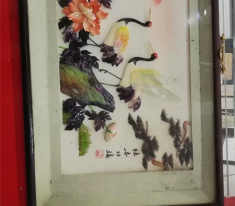 贝雕工艺品画一幅，有框讓玻璃，七十年代制品...