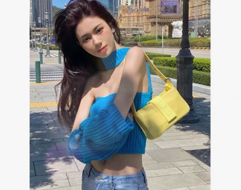 蓝色针织上衣女气质辣妹风2022年夏季新款...