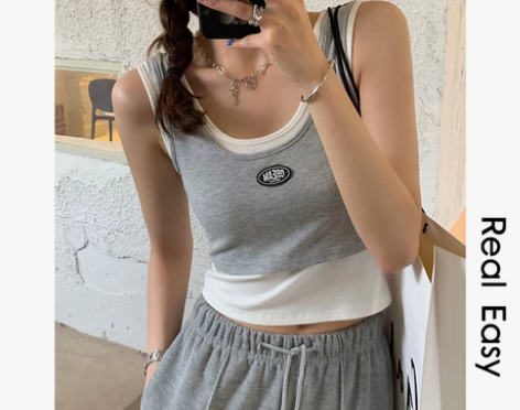 阿一 层次感 假两件无袖背心女短款内搭夏季...