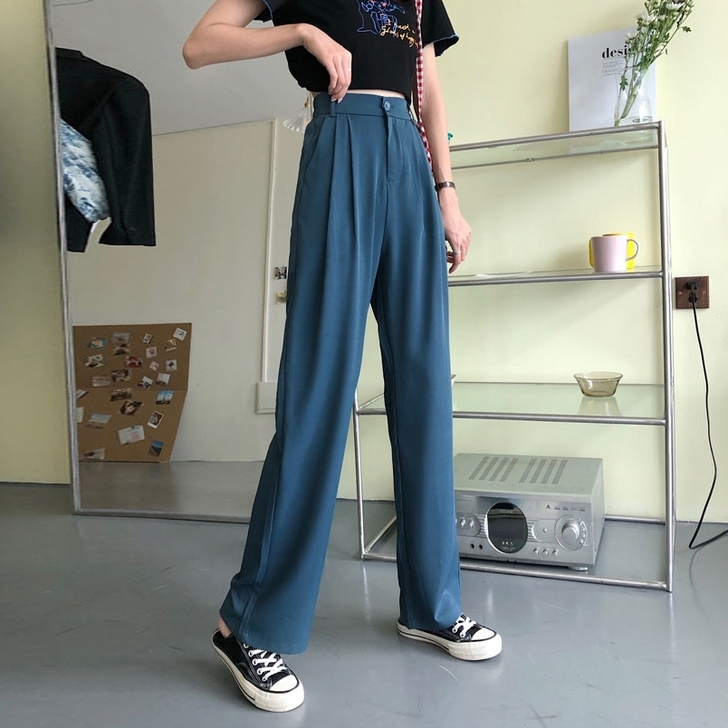 直筒阔腿裤女装2021年春季新款复古垂坠感...