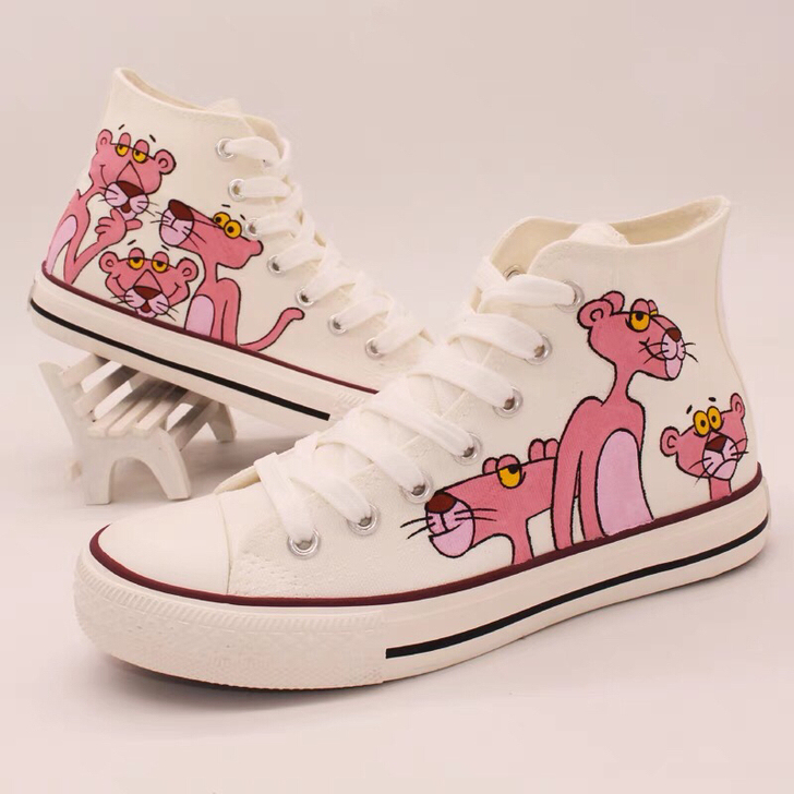 手绘帆布鞋女二次元动漫顽皮粉红豹鞋子高帮潮...