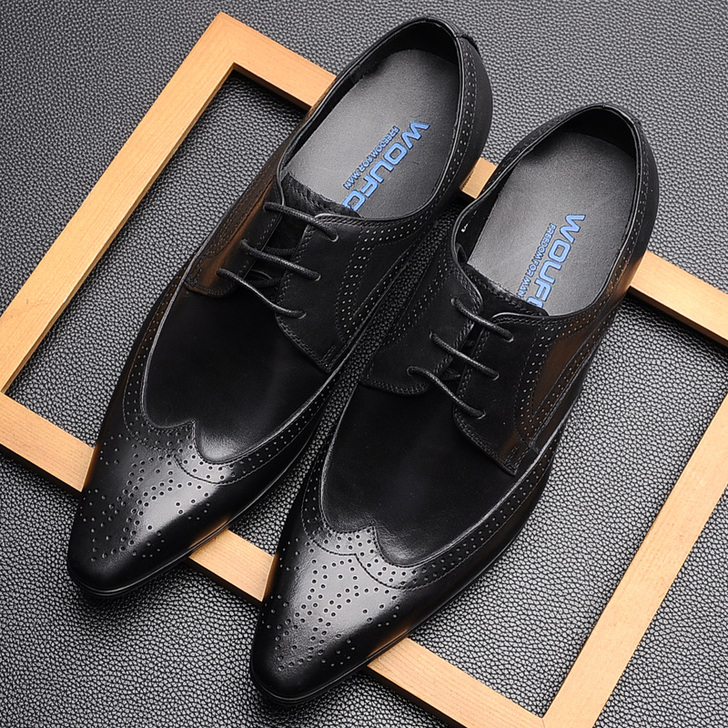 布洛克男尖头真皮欧版皮鞋男潮流雕花男鞋商务...