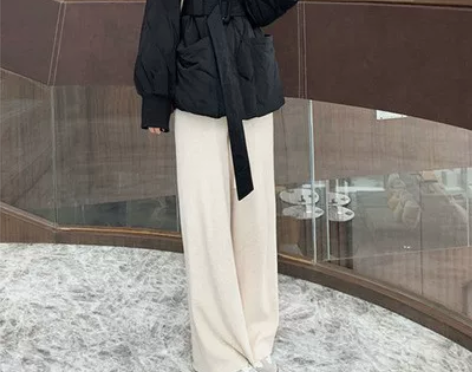 针织阔腿裤女秋季高腰垂感直筒宽松抽绳拖地长...