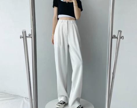 白色裤子女春秋新款阔腿裤女高腰垂感直筒裤显...