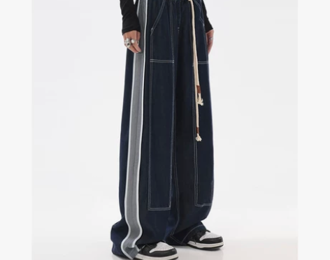 美式高街直筒牛仔裤女秋季复古设计感拼接高腰...